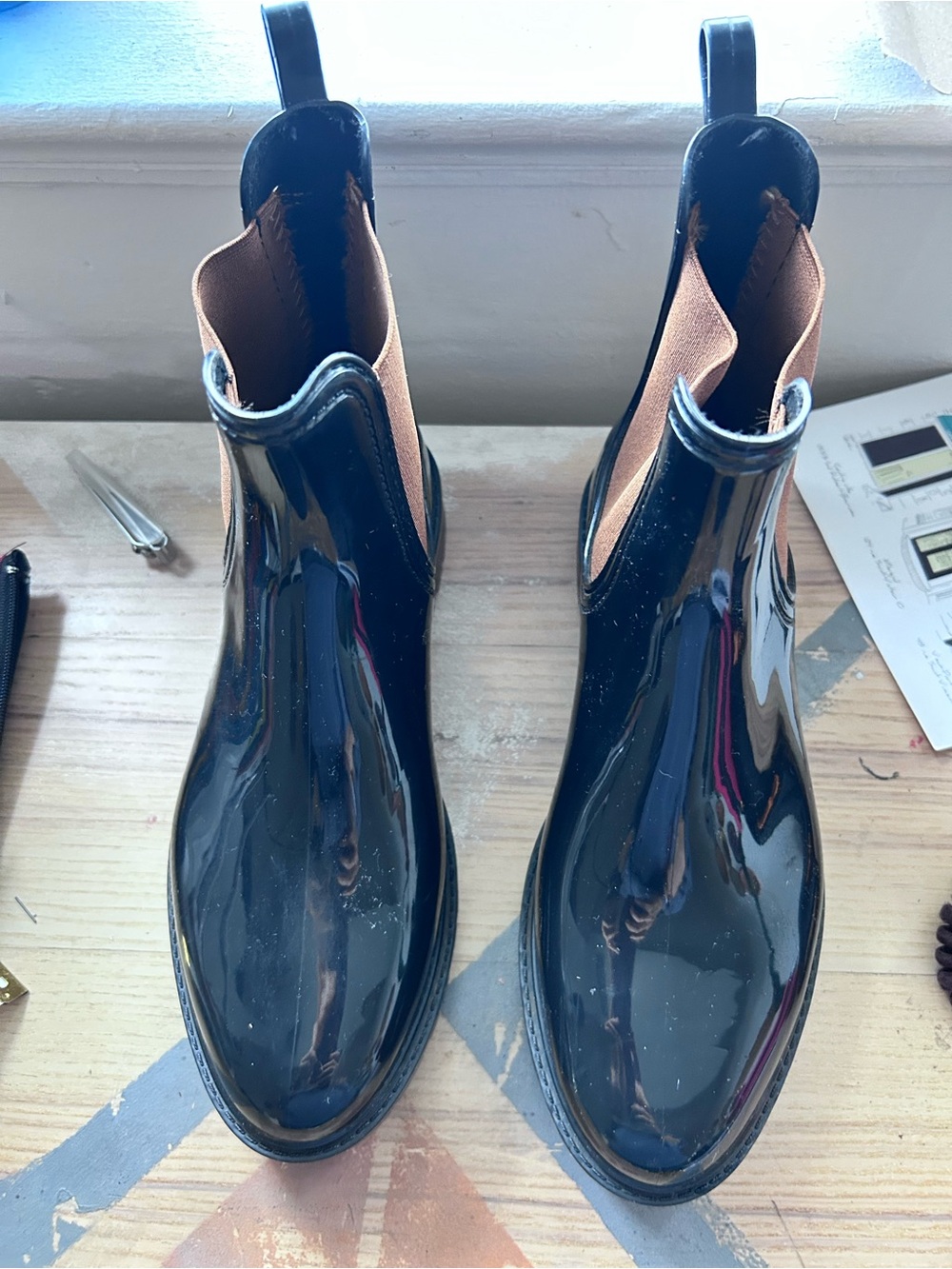 Black Patent Chelsea Rain Boots with Brown Elastic Panels